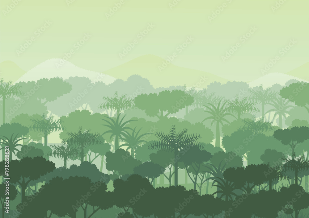 Obraz premium Zielona sylwetka lasu i góry streszczenie tło. Płaska konstrukcja koncepcja ochrony przyrody i środowiska. Ilustracja wektorowa.