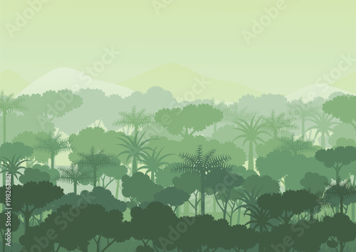 Green silhouette forest and mountains abstract background.Nature and environment conservation concept flat design.Vector illustration.