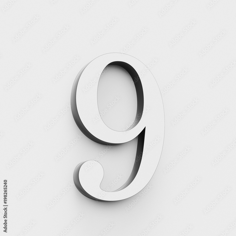 Modern and elegant number 9 in black and white on white. 3D render. Modern and elegant number 9 in black and white on white. 3D render.