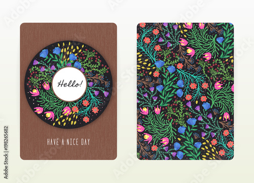 Cover design with floral pattern. Hand drawn creative flowers. Colorful artistic background with blossom. It can be used for invitation, card, cover book, notebook. Size A4. Vector illustration, eps10