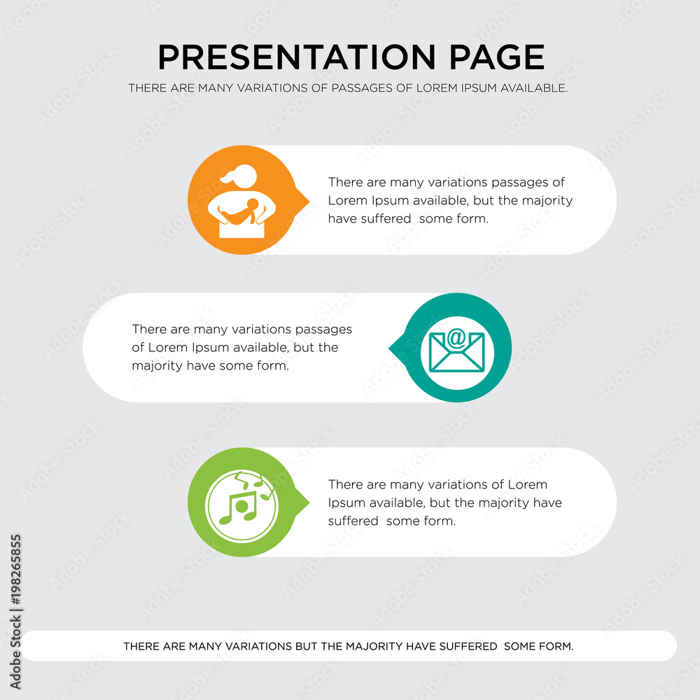 Fototapeta premium music, email, breastfeeding presentation design template in orange, green, yellow colors with horizontal and rounded shapes