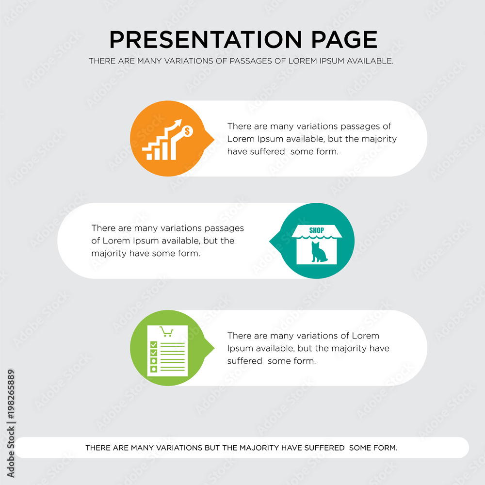 shopping list, petshop, economic development presentation design template in orange, green, yellow colors with horizontal and rounded shapes