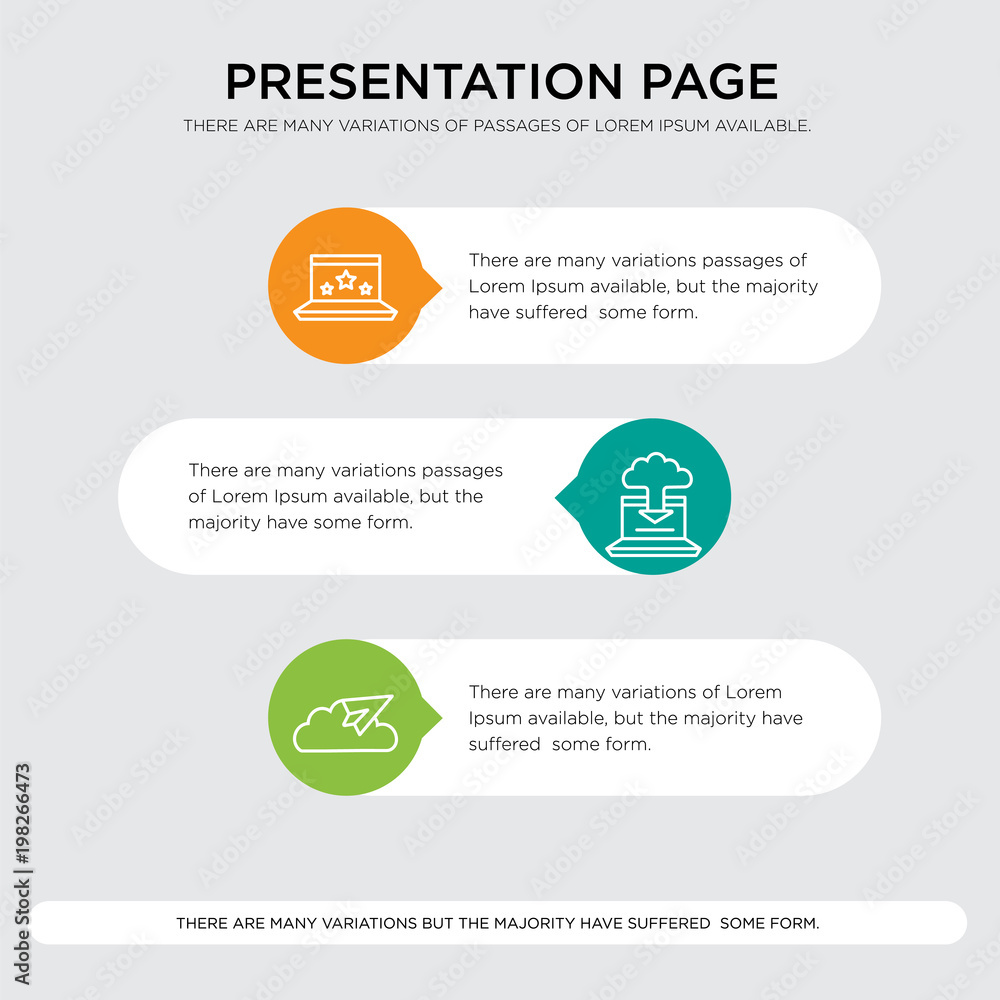 Fototapeta premium Cloud messaging sent, syncing with computer, Stars in laptop presentation design template in orange, green, yellow colors with horizontal and rounded shapes