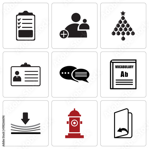 Set Of 9 simple editable icons such as page turn, fire hydrant, elastic, vocabulary, discussion board, Personal details, christmas bulb, join us, specification, can be used for mobile, web UI