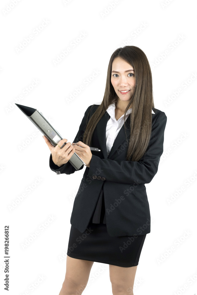 Smiling asian business woman holding folder and pen in office. Smiling asian business woman holding folder and pen in office.