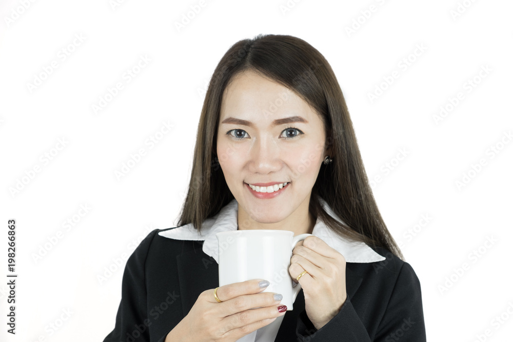 Attractive asian businesswoman drinking coffee isolated on white background. Attractive asian businesswoman drinking coffee isolated on white background.