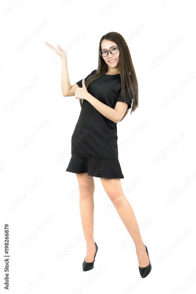 Happy smiling young beautiful asian business woman presenting something and thumb up full body isolated on white background. Happy smiling young beautiful asian business woman presenting something and thumb up full body isolated on white background.