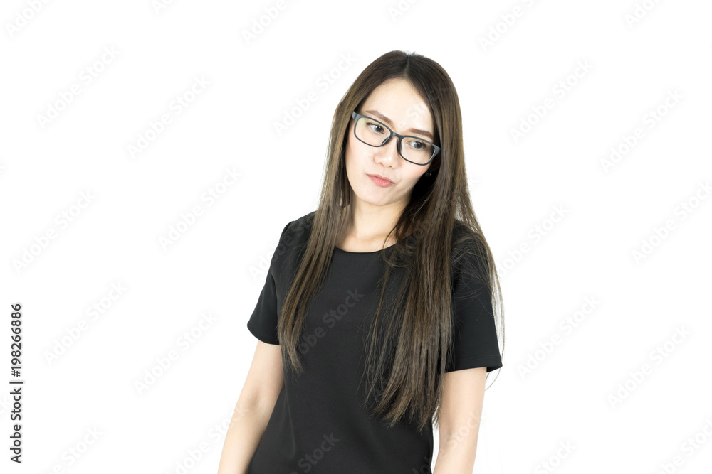 Asian young business woman worries about something isolated on white background. Asian young business woman worries about something isolated on white background.