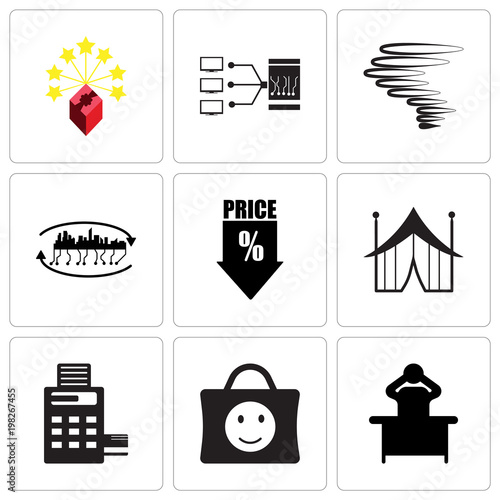 Set Of 9 simple editable icons such as frustration, happy customer, pos, marquee, low price, future city, hurrican, datacenter, lucky draw, can be used for mobile, web UI