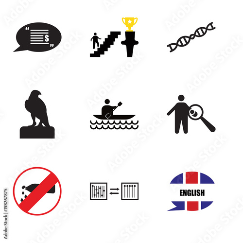 Set Of 9 simple editable icons such as english language, discip, no water, symptoms, kayak, falcon, gene, ambition, statement, can be used for mobile, web UI