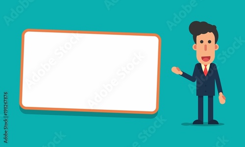 businessman explain with blank white board vector cartoon character illustration