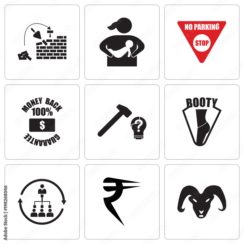 Fototapeta premium Set Of 9 simple editable icons such as ram, rupees, silence, booty, problem solving, money back guarantee, no parking, breastfeeding, reconstruction, can be used for mobile, web UI