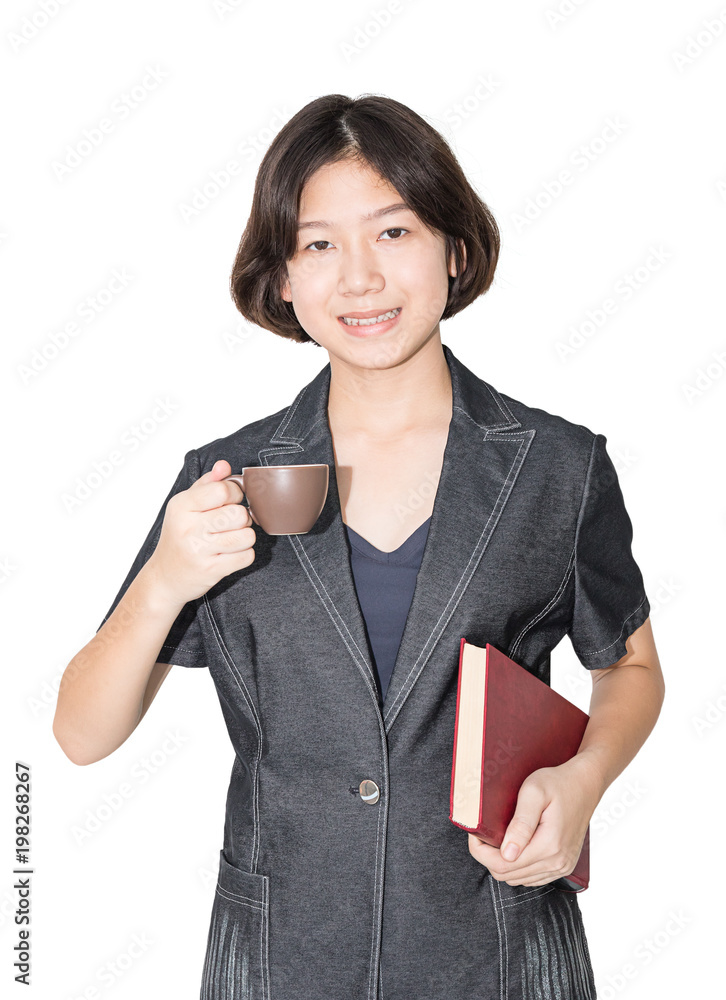 Young female short hair hold red book and coffee cup