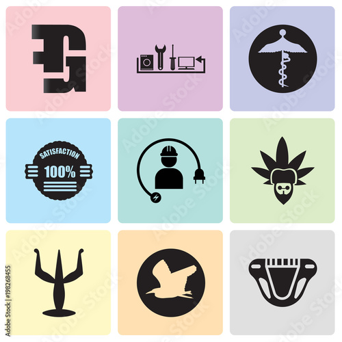 Fototapeta Naklejka Na Ścianę i Meble -  Set Of 9 simple editable icons such as diaper, heron, psi, rastaman, electrical contractor, 100% satisfaction, medicare, appliance repair, gf, can be used for mobile, web UI