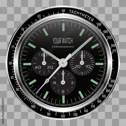 Realistic watch clock chronograph face stainless steel black dial on checkered pattern background vector illustration.