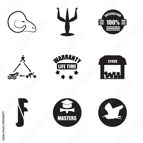 Set Of 9 simple editable icons such as heron, masters degree, free stock,, lifetime warranty, swim bike run, 100% satisfaction, psi, rams, can be used for mobile, web UI