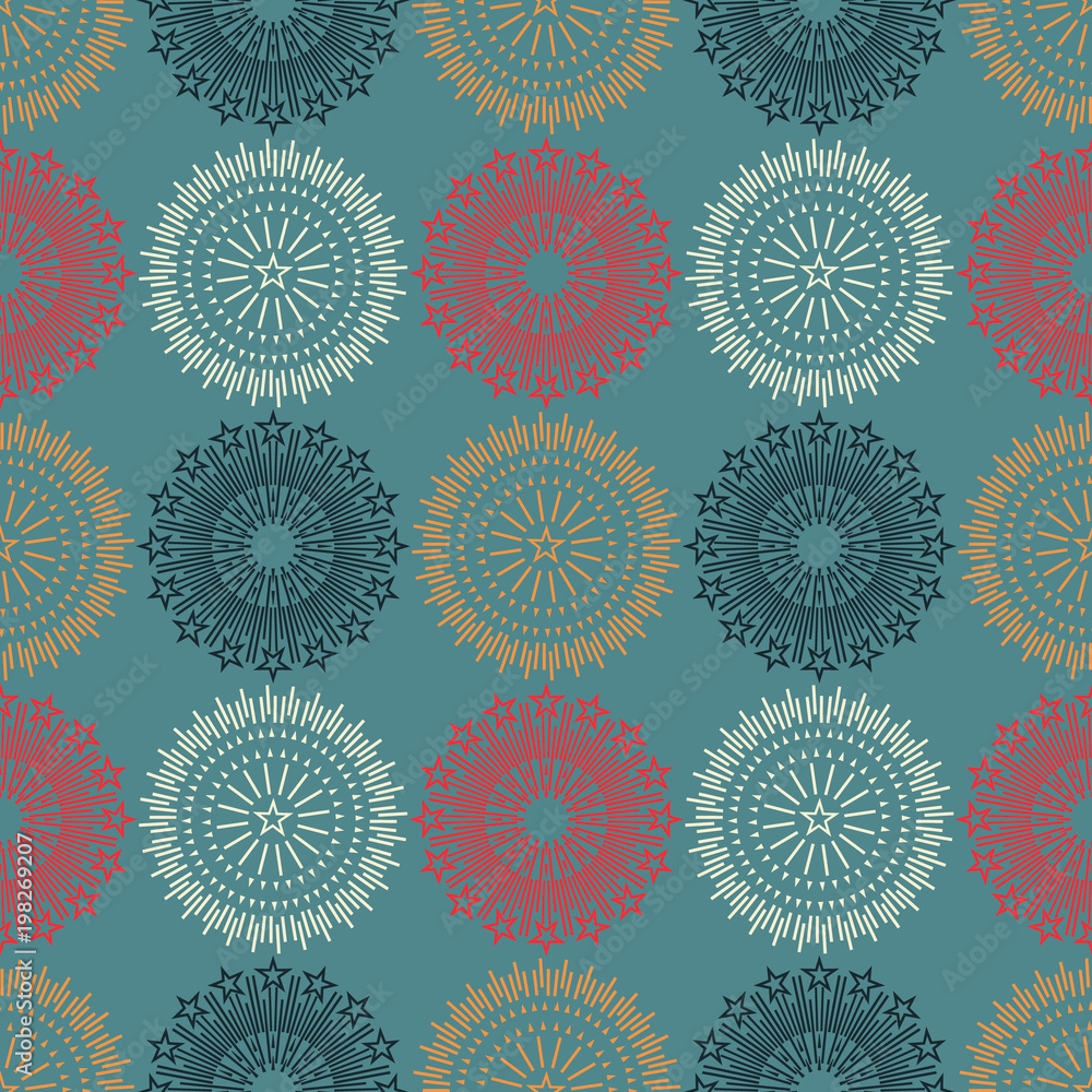 Fire work flowers symmetry seamless pattern. Suitable for screen, print and other media. Fire work flowers symmetry seamless pattern. Suitable for screen, print and other media.