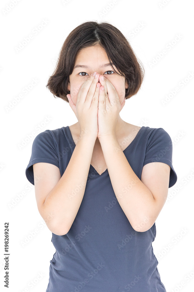 Young female short hair with blank gray t-shirt Young female short hair with blank gray t-shirt