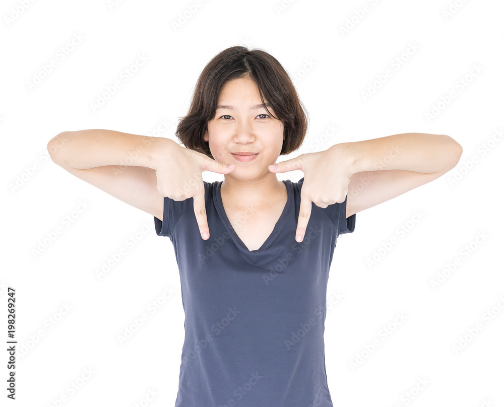 Young female short hair with blank gray t-shirt Young female short hair with blank gray t-shirt