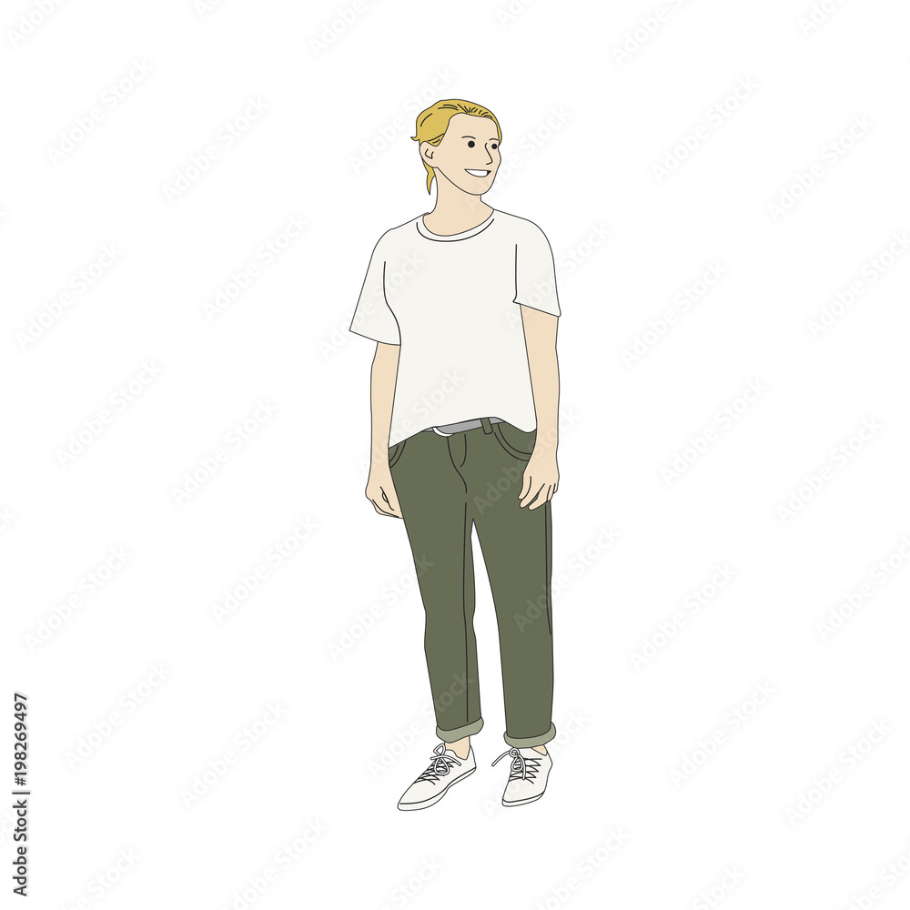 Illustrated young woman standing alone Illustrated young woman standing alone