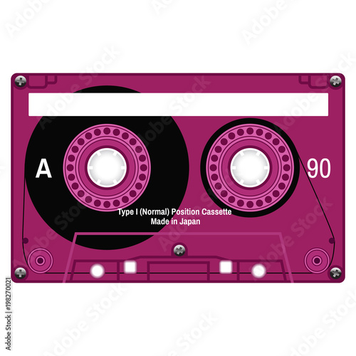 Plastic audio cassette tape. Realistic illustration on white.