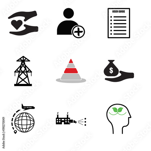 Fototapeta Naklejka Na Ścianę i Meble -  Set Of 9 simple editable icons such as peace of mind, distributor, interstate, fundraiser, pylon, pylon, user guide, new employee, philanthropy, can be used for mobile, web UI