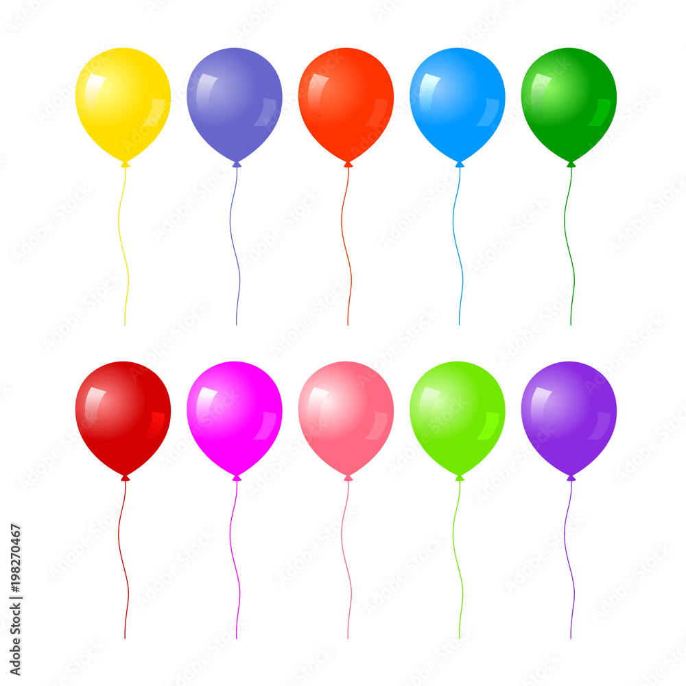 Colorful realistic helium balloons isolated on white background.