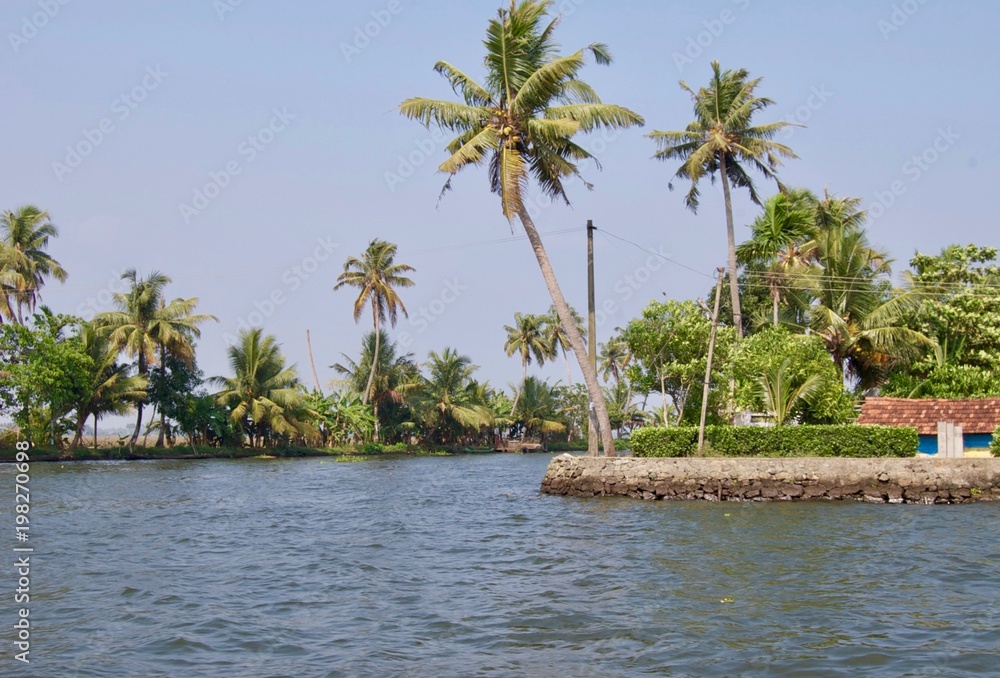 Panorama of the backwaters in rural Kerala (India) with small islands & houses, palm trees & unspoilt nature along the waterway leading to Kochi & Alleppey on a sunny summer day with a clear sky