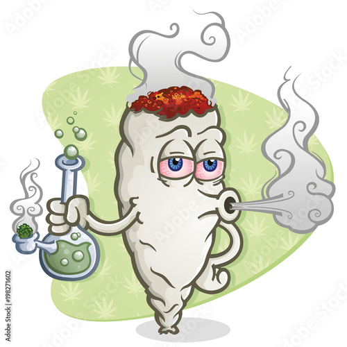 Marijuana Joint Cartoon Character Smoking a Bong