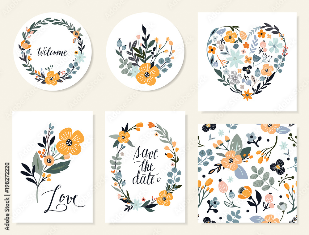 Save the date floral collection with six greeting cards and invitation, hand drawn elements