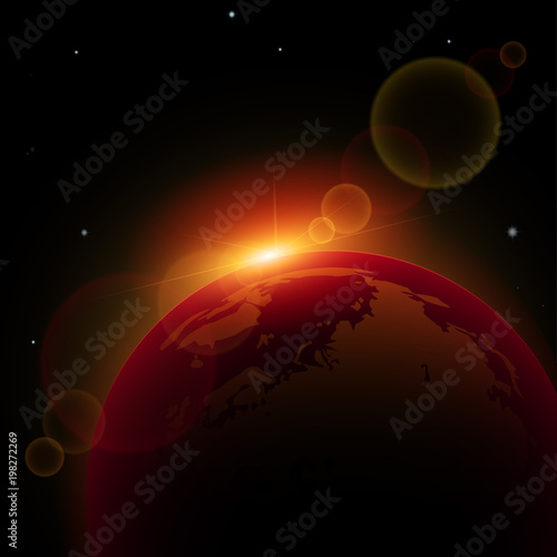 Ray sunlight in red cosmos over Earth. Vector background..
