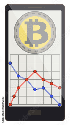 bitcoin coins with growth graph on a phone screen