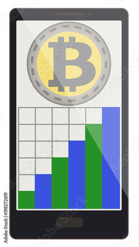 bitcoin coins with growth graph on a phone screen