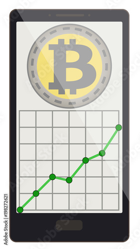bitcoin coins with growth graph on a phone screen