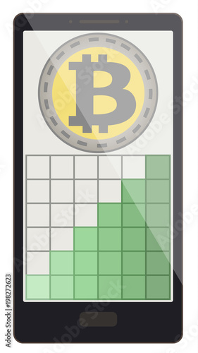 bitcoin coins with growth graph on a phone screen