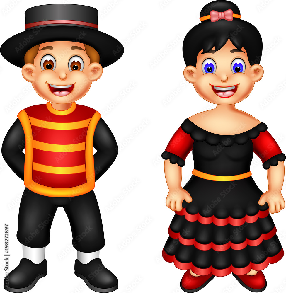 funny boy and girl cartoon standing using spanish costume with smile