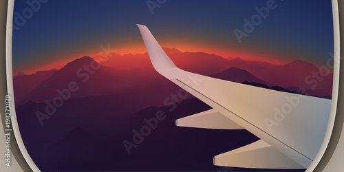 View from the airplane window. Mountain landscape. Panorama high above the mountains. Realistic vector illustration.