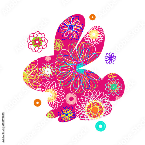 Rabbit silhouette with a bright abstract pattern. Vector illustration isolated on white background. Unusual bunny for the Easter design and cards.