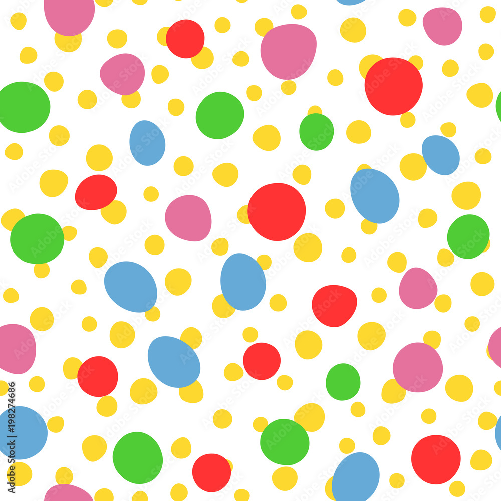 Repeated round spots. Colorful seamless pattern. Endless color print. White, yellow, blue, green, purple, red.