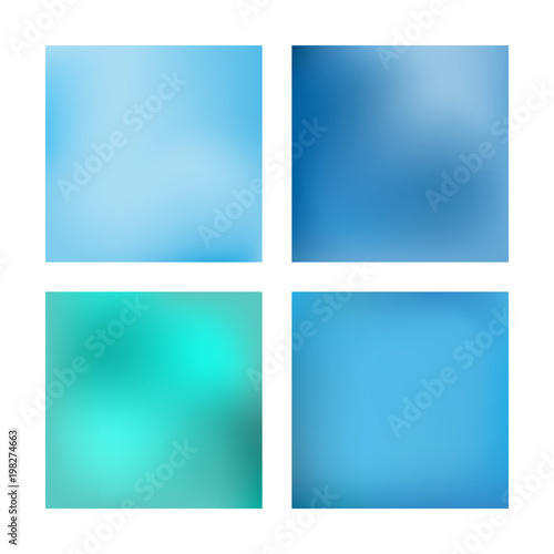 Set of square blurred backgrounds. Blurry textures of blue shades. Trend smooth templates. Gradient mesh.