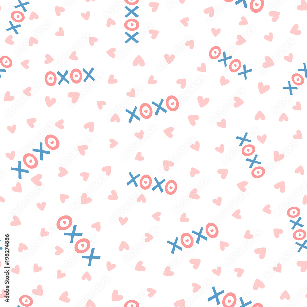 Repeating hearts and text Xoxo. Romantic seamless pattern. Cute endless print.