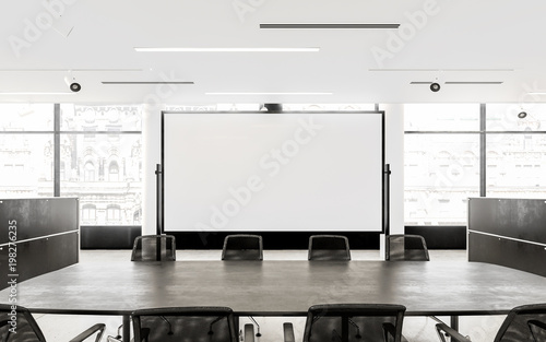 Conference room with table and blank projector screen. 3d rendering