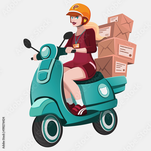 Cute girl riding scooter. Motor bike in flat style vector illustration. Happy young girl riding blue scooter motor bike in flat style vector illustration. Courier delivering package.