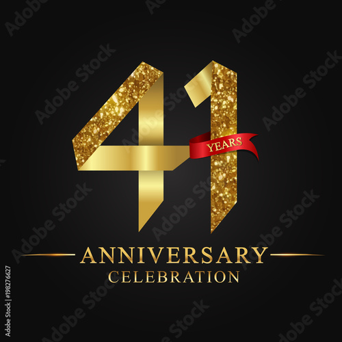 anniversary, aniversary, 41 years anniversary celebration logotype. Logo,ribbon golden number on black background.Numbers ribbon gold foil.