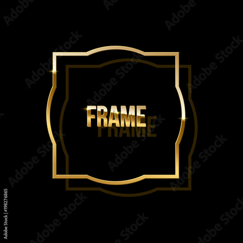 Golden frame with shadow isolated on black background. Vector design element.