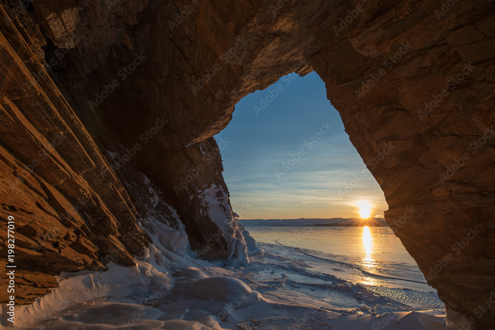 Down in the grotto, winter Baikal lake