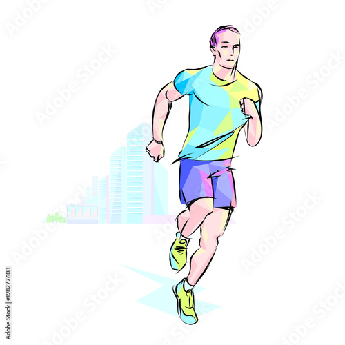 Vector runner drawing by hand silhouette stylized lines dynamics movement city