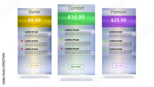 Different tariffs plan on metal plate background. Comparison of pricing table set for business, bullet list with commercial plan. Template for prices of business product, service. 3D illustration