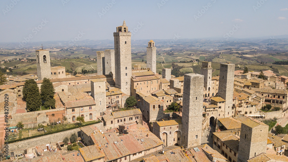 Drone aerial landscape of the wonderful village of San Gimignano. A Unesco World Heritage. Tuscany, Italy
