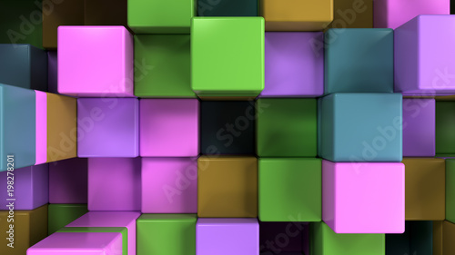 Wall of blue, green, brown and purple cubes